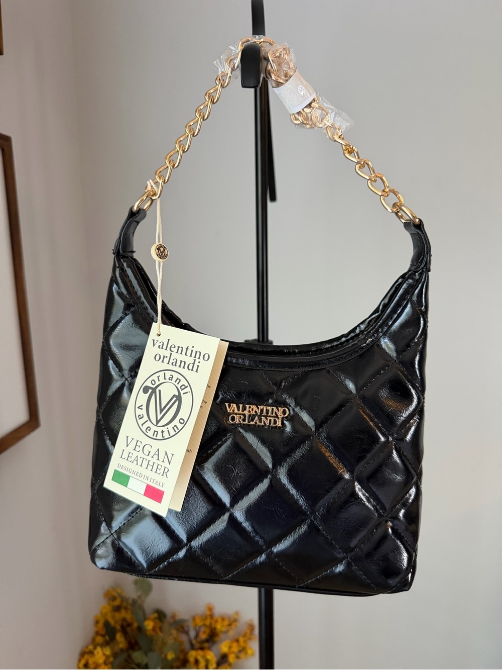 Valentino Orlandi Black Quilted Shoulder Bag with Gold Chain Strap